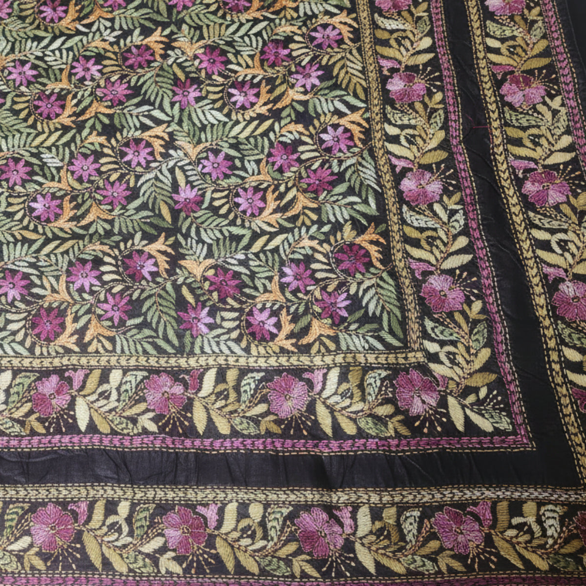 Pure Tussar Silk with Kantha - Black