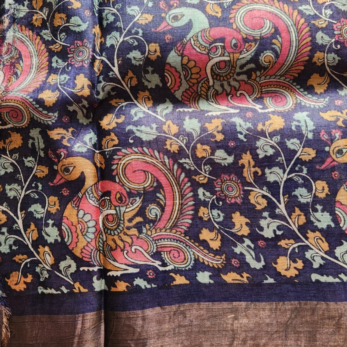 Pure Tussar Silk - Red with Navy Blue border