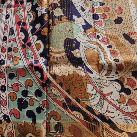 Pure Tussar Silk - Red with Navy Blue border