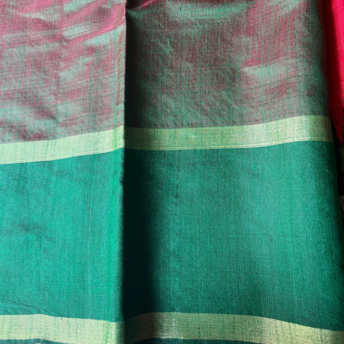 Pure Raw Silk Saree- Red & Green Contrast Checked Pallu