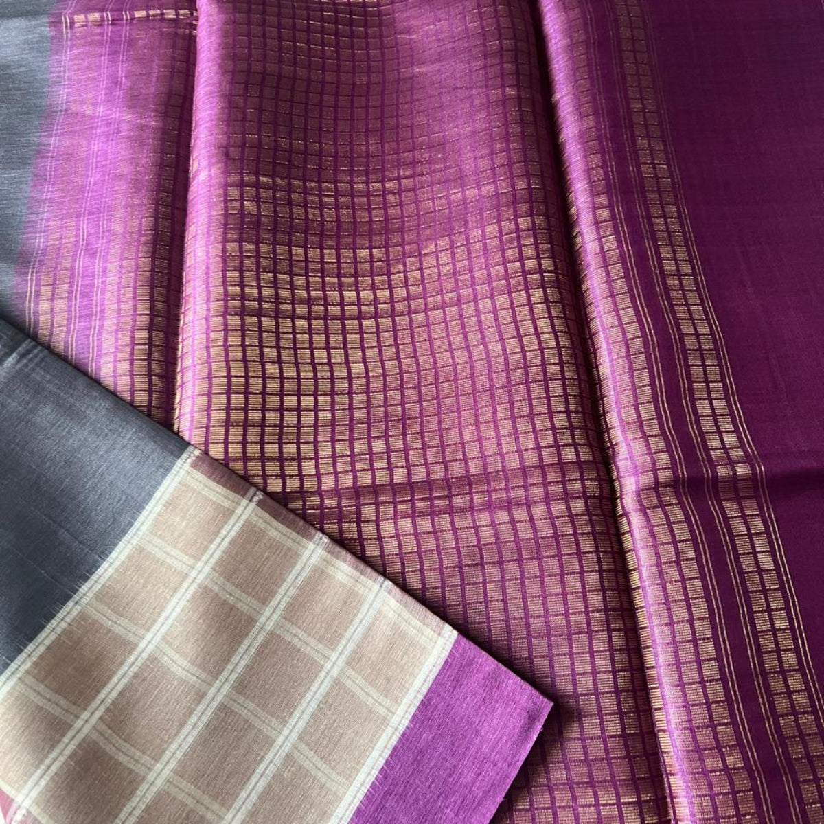 Pure Tussar Silk- Muted Grey with Checked Border