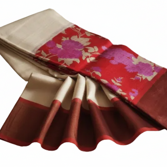 Floral Maroon-Red Pure Tussar Silk