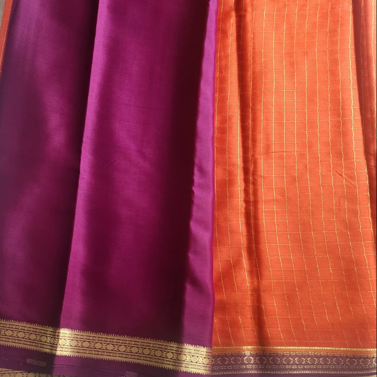 Pure Mysore Crepe Silk - Orange checks