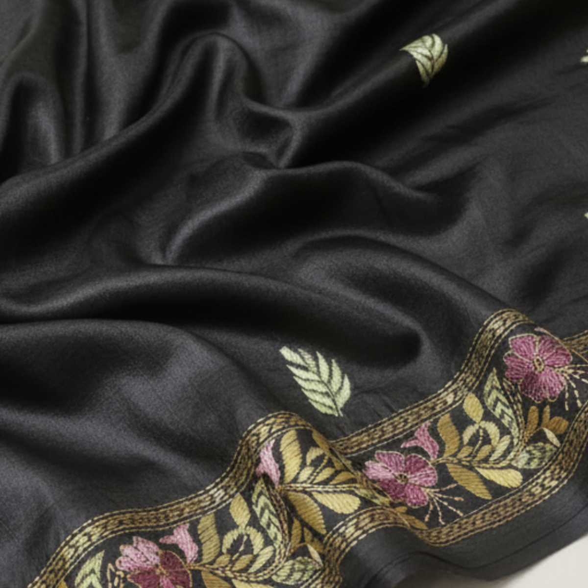 Pure Tussar Silk with Kantha - Black
