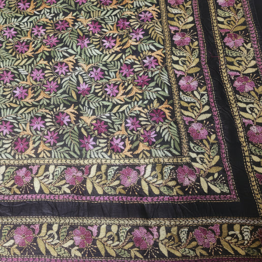 Pure Tussar Silk with Kantha - Black
