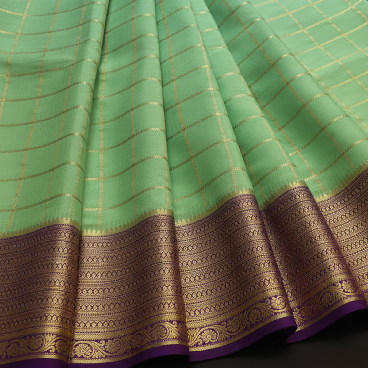 Pure Mysore Crepe Silk - Big checks Green