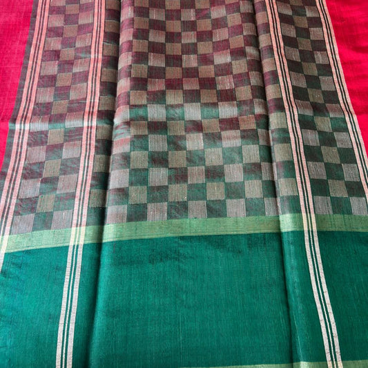 Pure Raw Silk Saree- Red & Green Contrast Checked Pallu