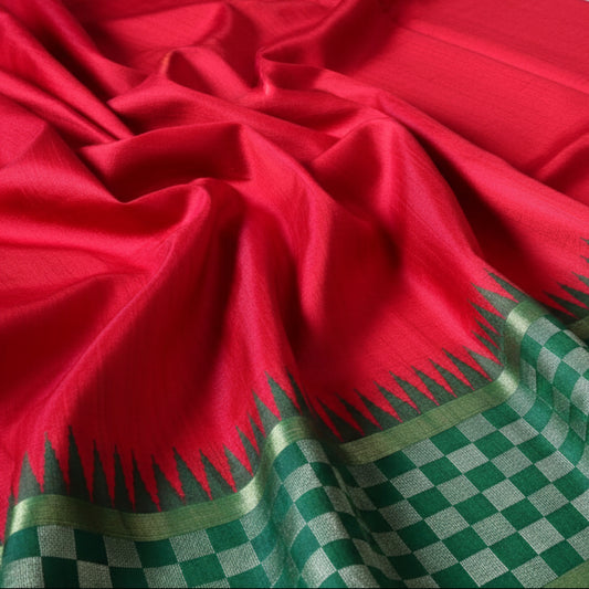 Pure Raw Silk Saree- Red & Green Contrast Checked Pallu