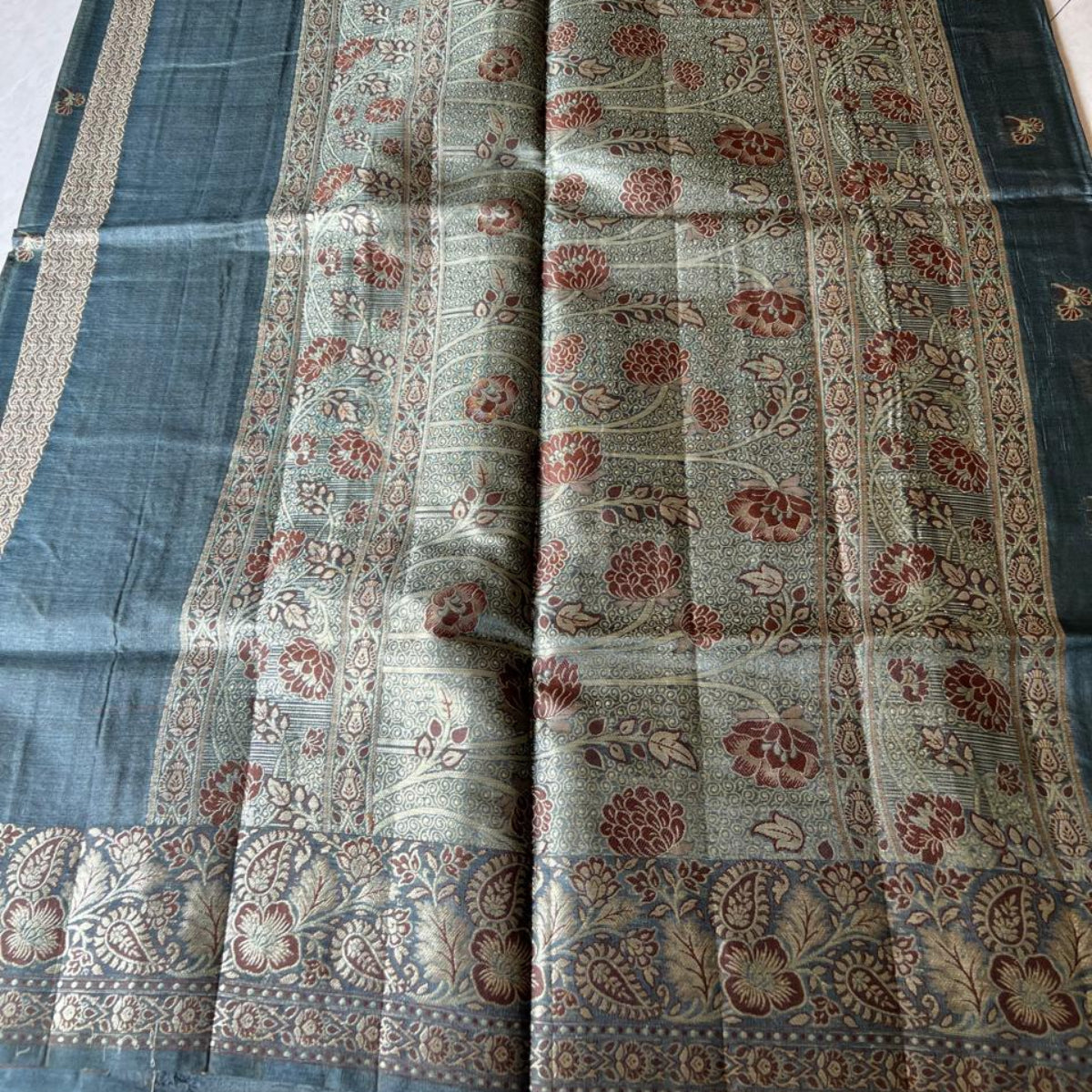 Pure Tussar Silk - Banarasi weave in light Slate grey