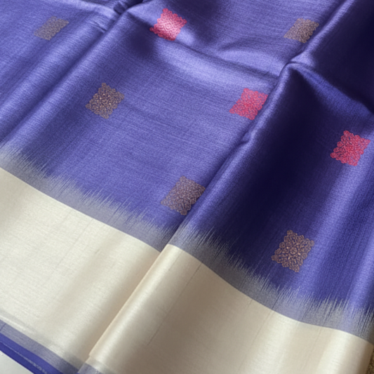 Pure Tussar Silk Saree - Indigo Blue with Kadwa Buttas