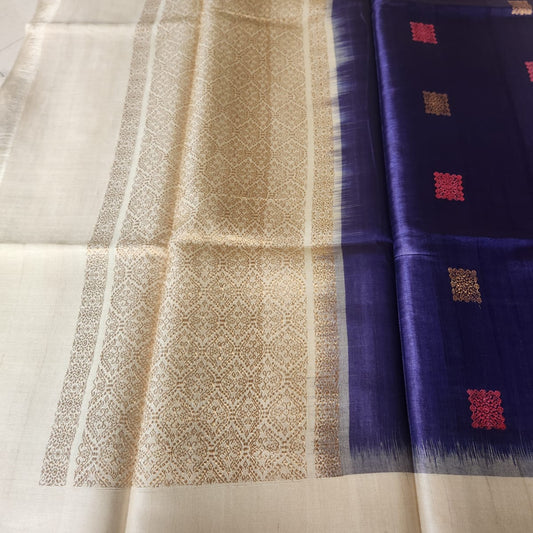 Pure Tussar Silk Saree - Indigo Blue with Kadwa Buttas