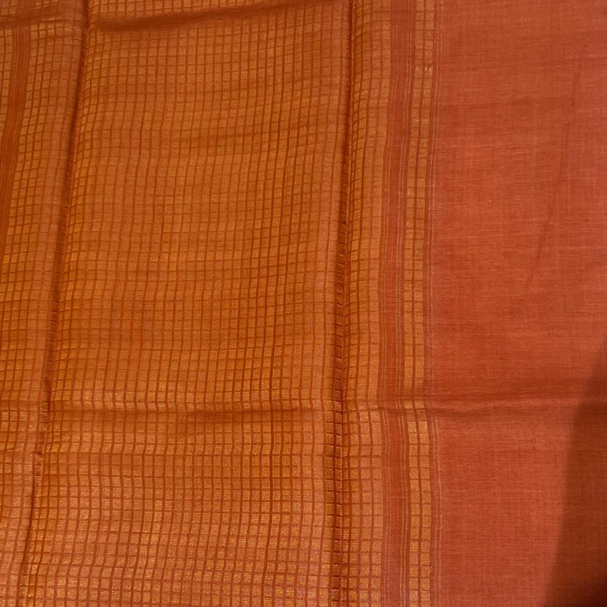Pure Tussar Silk Saree – Rust Orange with Checked Border
