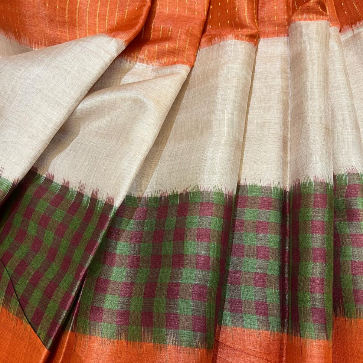 Pure Tussar Silk Saree – Rust Orange with Checked Border