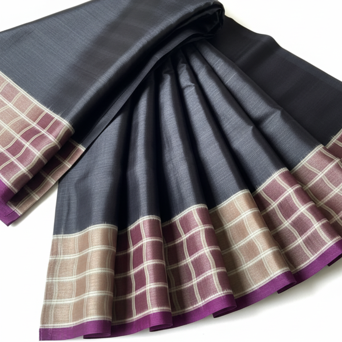 Pure Tussar Silk- Muted Grey with Checked Border